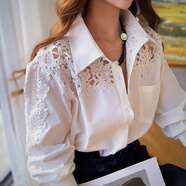 粉紅大布娃娃設計感鏤空蕾絲拼接長(cháng)袖白色襯衫上衣女2025秋季新品 （本白色） L