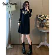 妤遇（YUUZYUUS）品牌女裝連衣裙女2025春秋新款法式復古刺繡高級小眾氣質(zhì)顯瘦裙子 黑色 S