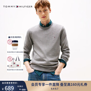 TOMMY HILFIGER【柔軟純棉】25秋冬男撞色條紋學(xué)院風(fēng)針織衫/情侶款純色毛衣 【純色繡標(biāo)毛衣】極簡灰P7D M （推薦：135-150斤）