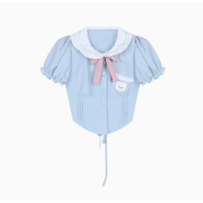 FHHUABD學(xué)院風(fēng)套裝女夏季小個(gè)子穿搭一整套短袖襯衫抱嬰袋半身短 可愛小熊藍(lán)色上衣 均碼 L