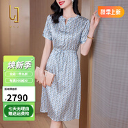 OLJ高檔品牌真絲連衣裙女2025年夏季新款高級感收腰顯瘦桑蠶絲裙子 蘭色 2XL （120-135斤左右）