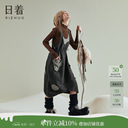 日著（rizhuo）日著冰川黑羊毛背帶裙2025秋新款寬松趣味拼貼可收腰設(shè)計(jì)感裙子女 冰川黑 S