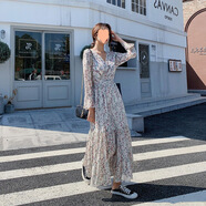 HUALIN FASHION韓國碎花雪紡裙2025春秋長(cháng)袖收腰中長(cháng)款 888 M
