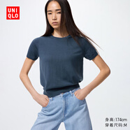優(yōu)衣庫女裝精紡美利奴羊毛圓領(lǐng)針織衫/短袖通勤25秋冬新款478335 68 深藍色 M
