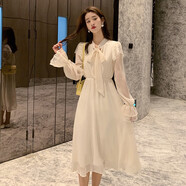 品彩雪紡連衣裙秋季系帶蝴蝶結(jié)長袖長裙高腰通勤仙女裙子 PW28L30