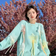 右小姐時(shí)尚女裝漂亮針織衫寬松新款毛衣外套立體花朵秋冬甜美針織衫上衣 綠色 均碼