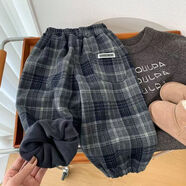 binpaw男童加絨褲子2025新款冬季兒童一體絨毛呢褲小男孩韓版格子束腳褲 灰色格子褲 120
