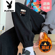 花花公子（PLAYBOY）品牌2025秋冬加絨加厚休閑褲男女潮牌百搭運動衛(wèi)褲寬松束腳舒適款 A279黑色【高品質(zhì)】   加絨 XL 【建議130-140斤內(nèi)】
