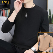 花花公子（PLAYBOY）2025新款雙面德絨長(cháng)袖打底衫男士t恤圓領(lǐng)修身秋冬加絨保暖上衣服 黑色+杏色 M
