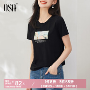 歐莎（OSA）白色短款T恤女士夏季新款衣服短袖印花顯瘦正肩上衣體恤修身 黑色 S