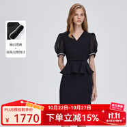 Scofield假兩件連衣裙泡泡袖鑲鉆石裝飾黑色長裙夏季新款 黑色 M 165
