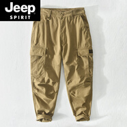 JEEP SPIRIT春秋純棉寬松休閑褲男阿美咔嘰潮牌純棉直筒工裝褲日系復古長(cháng)褲子 深卡其布色 B版多袋 34 160-170斤