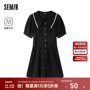 森馬牛仔連衣裙女撞色大翻領(lǐng)學(xué)院風(fēng)森柔牛仔夏收腰泡泡袖短裙甜酷 牛仔水洗黑98201 M