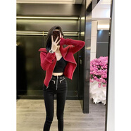 Leather cat2025秋季新款設(shè)計感小眾不規(guī)則外套女美式辣妹酒紅色針織開衫上衣 酒紅色 S