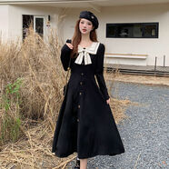 大碼女裝方領(lǐng)蝴蝶結連衣裙赫本風(fēng)女春季復古裙子胖mm遮肉顯瘦長(cháng)裙 黑色 3XL （建議體重：145-165斤）