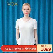 VOA41姆米重磅真絲V領(lǐng)短袖圓擺凹凸條純色織錦桑蠶絲T恤 BE581 條紋白玉(W02) M