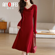 璦優(yōu)霏（aiyoufei）輕熟氣質(zhì)高級感紅色毛衣裙女新款秋冬性感顯身材一字領(lǐng)針織連衣裙 圖片色 383紅色 M 建議95-105斤
