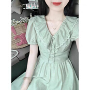 無(wú)標優(yōu)品十三行高檔連衣裙廣州十三行女裝高端荷葉邊短袖連衣裙夏 綠色【百搭/復古/多巴胺穿搭/美拉德/設計感/獨特 M