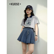 闊色（kuose）美式兔子印花短袖純棉T恤女2025夏季新款灰色polo領(lǐng)短款上衣 灰色現(xiàn)貨 S