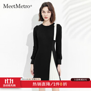 MeetMetro瑪依爾不規(guī)則撞色連衣裙女2025夏裝設(shè)計感蝴蝶結(jié)百褶裙氣質(zhì)a字裙 黑白MJ936933 M