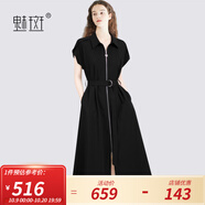 魅斑黑色干練拉鏈翻領(lǐng)短袖連衣裙女2025夏季新款綁帶收腰襯衫裙女 黑色 S