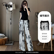 薩拉維夫（SLLAVIF）品牌夏季女裝2025減齡茶系穿搭漂亮感時(shí)尚洋氣旗袍新中式國風(fēng)套裝 黑色上衣+單件休閑褲【可鹽可甜 M 【90-100斤】