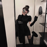 秋冬半高領(lǐng)泡泡袖毛線針織包臀連衣裙修身女套袖毛衣打底裙潮 黑色 均碼