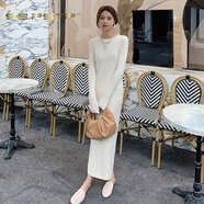 夏典素訂女王（SE.PSTP）/F8980新款圓領(lǐng)加絨加厚連衣裙高彈力修身顯瘦包芯紗打底長(cháng)裙 白色 S