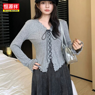 恒源祥百搭系帶v領(lǐng)顯瘦針織衫秋季2026簡(jiǎn)約溫柔風(fēng)+鹿皮絨半身裙兩件套女 灰色上衣 L 建議105-115