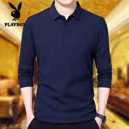 花花公子（PLAYBOY）秋冬中年男士純色加絨加厚純棉長(zhǎng)袖T恤爸爸裝翻領(lǐng)休閑保暖體恤衫 藏青色 M 165