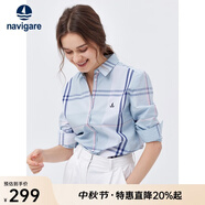 Navigare意大利小帆船女士長(cháng)袖襯衫春秋季休閑格子襯衣萊賽爾高檔寸衫 蔚藍/白 S
