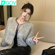 DGOV法式小香風氣質(zhì)名媛毛呢短外套女秋季新款洋氣小個子加厚短款上衣 煙灰毛呢外套 （加棉款） S 建議80-95斤