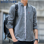 羅蒙（ROMON）條紋長袖襯衫男士韓版修身商務休閑百搭襯衣外套灰色2XL