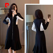 皮爾卡丹（pierre cardin）拼色拉鏈衛(wèi)衣連衣裙女2-300斤大碼春秋氣質(zhì)顯瘦遮肚減齡裙子胖mm 圖片色 XL