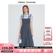 VEGA CHANG法式連衣裙女2025夏季新款假兩件顯瘦學(xué)院風(fēng)短袖長(cháng)裙 隕石灰（花邊領(lǐng)） S