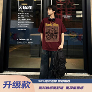 重磅酒紅色小熊T恤男款小領(lǐng)口棉短袖潮牌美式覆古高街半袖上衣 酒紅色【升級款】 S