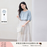 香影中袖襯衫女圓領(lǐng)2025夏裝新款慵懶泡泡袖氣質(zhì)淑女寬松藍色上衣 套裝 襯衫+半裙 L 165/88A/110-125斤