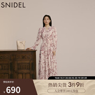 SNIDEL秋冬甜美碎花系帶收腰百褶雪紡連衣裙SWFO245033 粉米色 L （2）