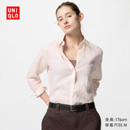 優(yōu)衣庫女裝法國麻襯衫格紋長(cháng)袖襯衣上衣空調衫薄外套477556 11 粉紅色 XS /150/76A