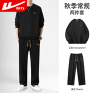 回力套裝男秋季百搭兩件套寬松褲子男圓領(lǐng)衛衣潮流休閑褲黑色3XL
