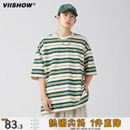 viishow日系潮牌條紋圓領(lǐng)短袖T恤男夏季寬松情侶百搭半袖tee 綠色 XL