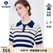 Navigare意大利小帆船短袖POLO衫女士夏季時(shí)尚條紋針織衫顯瘦翻領(lǐng)體恤衫 海軍藍(lán)/白 XL 碼