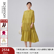例外（EXCEPTION）新中式女裝春夏款連衣裙亞麻抽褶設計中長(cháng)袖系帶A字襯衫裙 土黃1/19 S