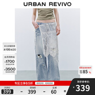 UR2025秋季新款女設(shè)計感破洞蕾絲屁簾闊腿牛仔長褲UYV850090 藍(lán)色 27
