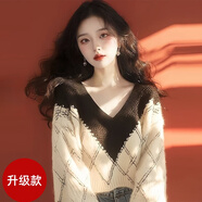 皮爾卡丹（pierrecardin）拼色菱格針織衫加厚毛衣2025秋冬季新款女冷淡系獨特別致絕美上衣拼色毛衣[升級款]S [40/45kg]自設工廠貨