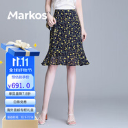Markos黃色碎花半身裙女夏雪紡短裙魚(yú)尾一步裙夏季薄款包臀裙子粉色半裙 黃碎花 M 腰圍2尺