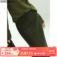 COCOBELLA[苔蘚綠]細(xì)閃銀蔥千鳥格羊毛半身裙女秋冬毛呢筒裙HS87 HS87B春版 XL