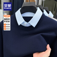 羅蒙假兩件長(zhǎng)袖針織衫男士秋冬款休閑襯衫領(lǐng)打底衫中青年保暖毛衣男裝 藏青色 L 170 （適合120-140斤）