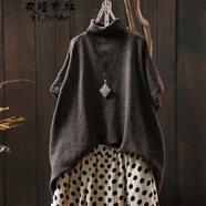 YJ.BoShe短袖毛衣女秋款高領(lǐng)羊毛混紡針織衫女大碼寬松慵懶風(fēng)休閑氣質(zhì)上衣 咖褐色 均碼