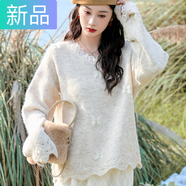 妃奧絨甜美蕾絲拼接蝴蝶結(jié)藍(lán)色毛衣2025秋冬新款韓版軟糯外穿針織衫上衣 燕麥米 S